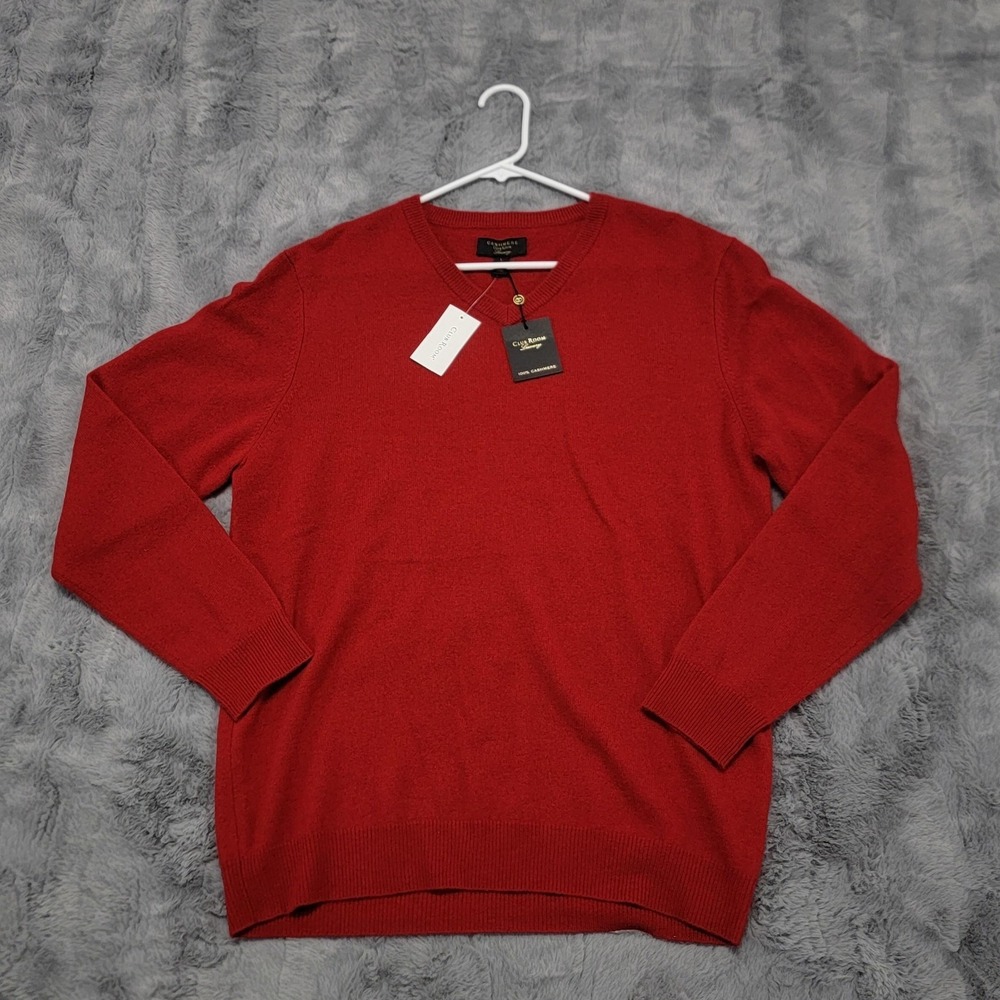 Club Room Sweater Mens L (Fits Medium) Red 100% Cashmere V Neck Knit Pullover